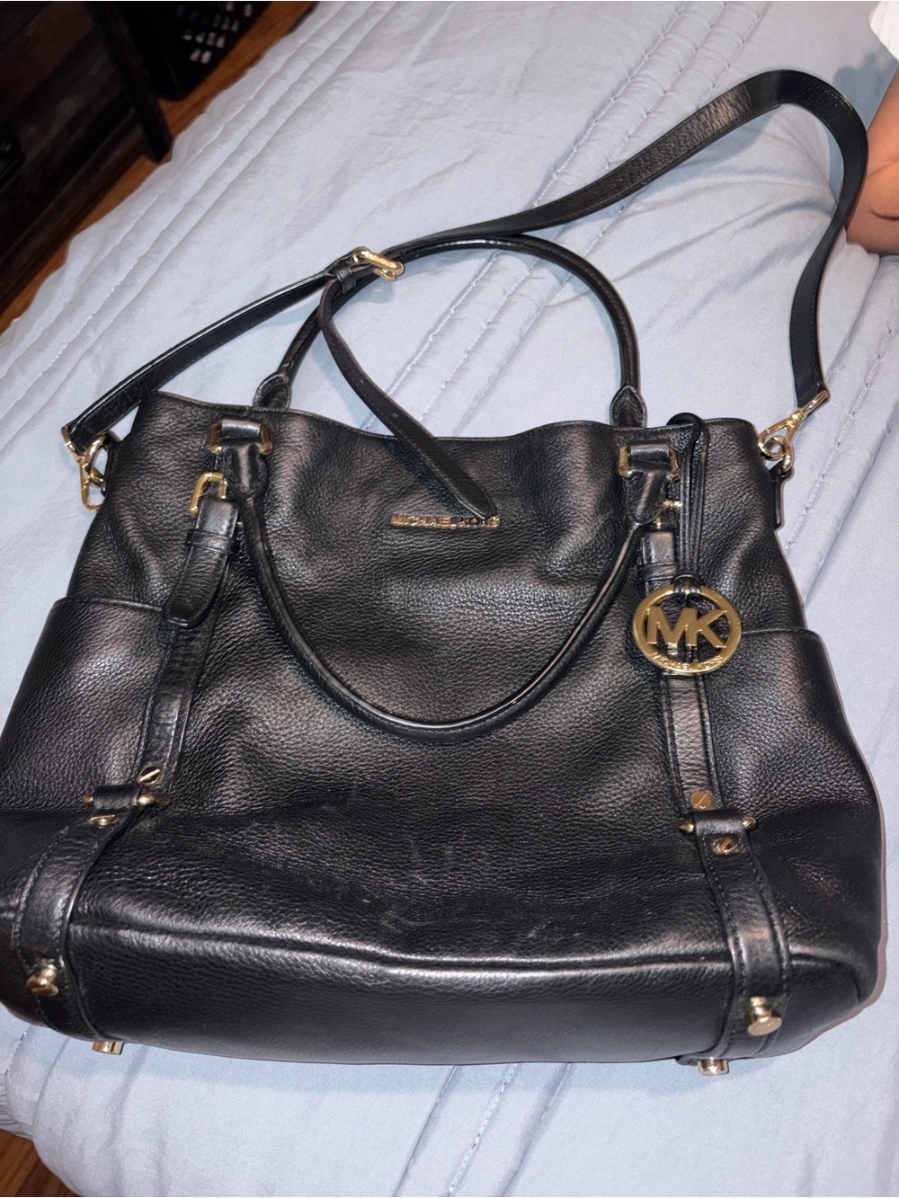 Michael Kors Black Pebbled Leather Shoulder Tote with Gold MK Charm